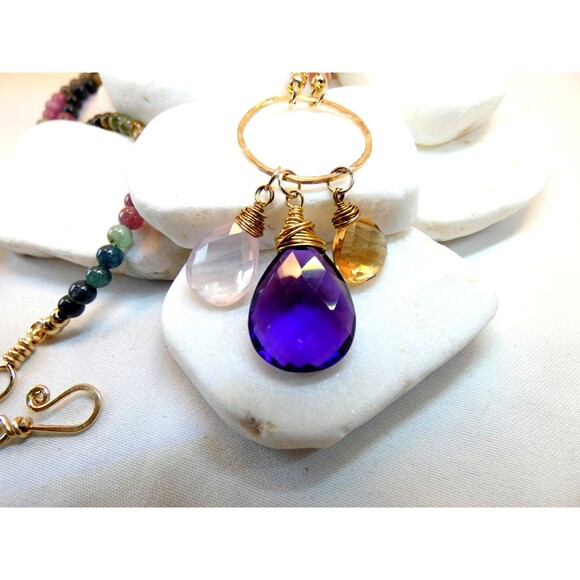 Watermelon Tourmaline Beaded Gemstone Charm Gold Fill Pendant Necklace - Picture 3 of 7